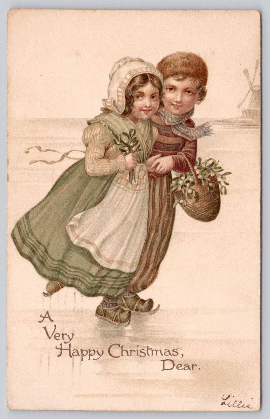 Postcard Christmas Dutch Boy and Girl Ice Skating Basket of Mistletoe Post 1906