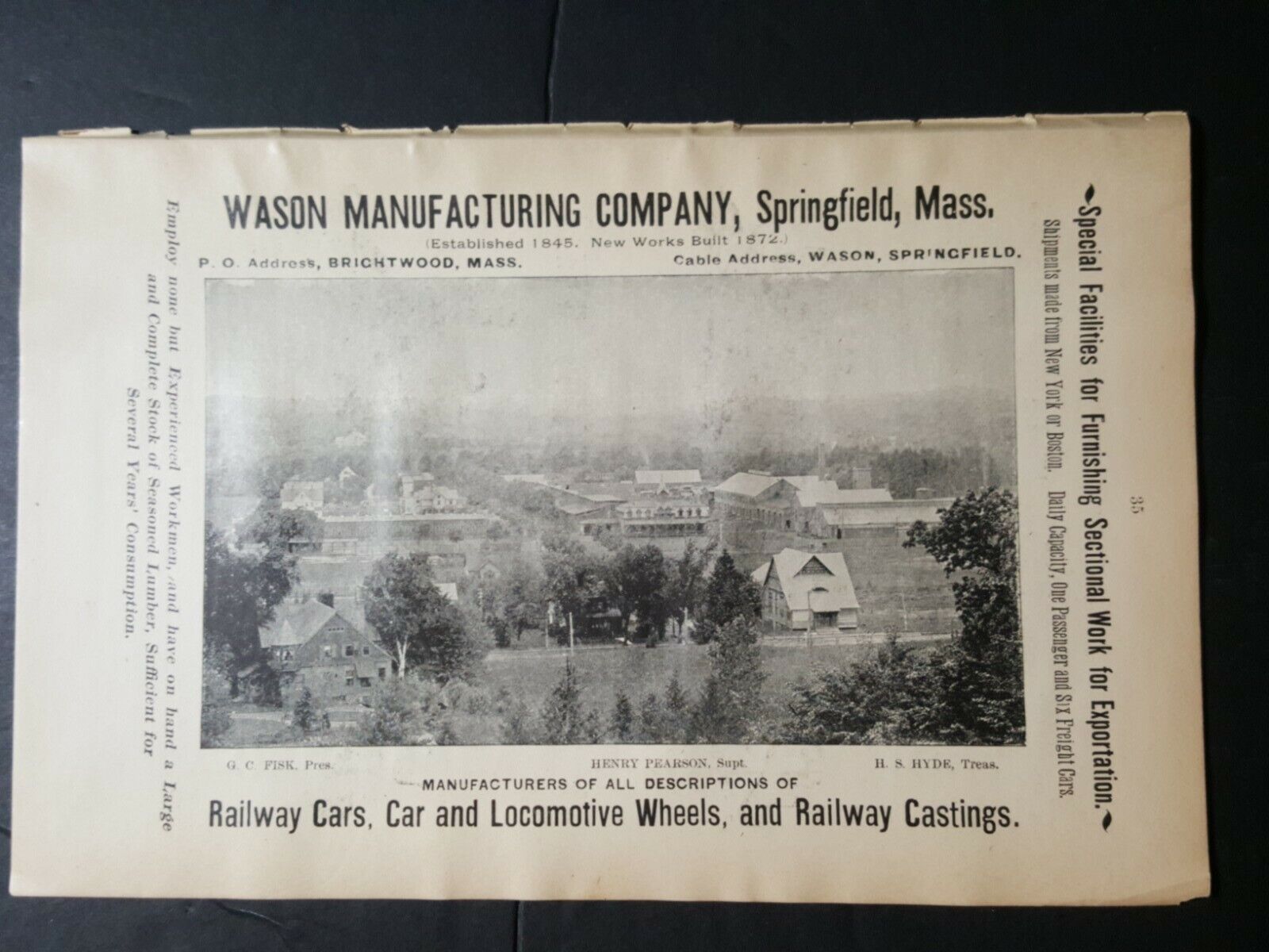 Original 1896 print ad WASON MANUFACTURING railroad cars factory picture GC FISK