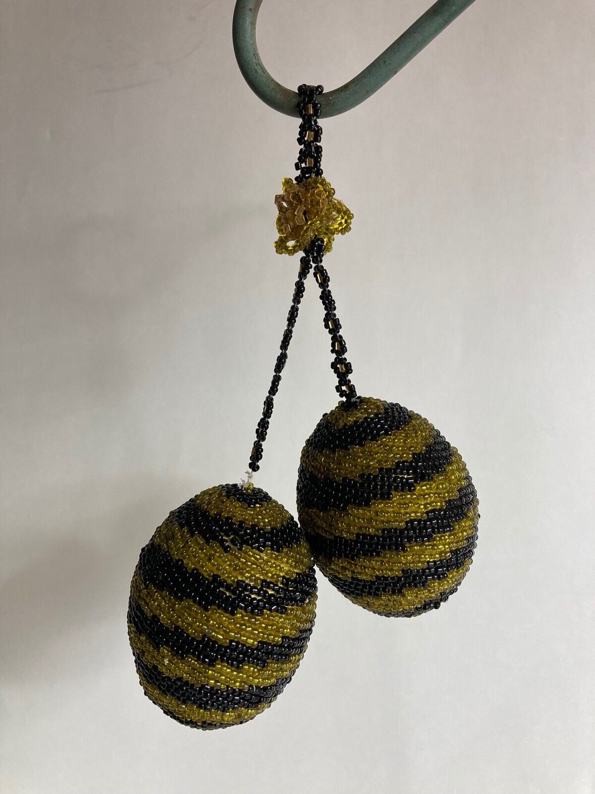 2 Hand Beaded Egg Shaped Ornaments Beaded Together. Yellow And Purple Beads