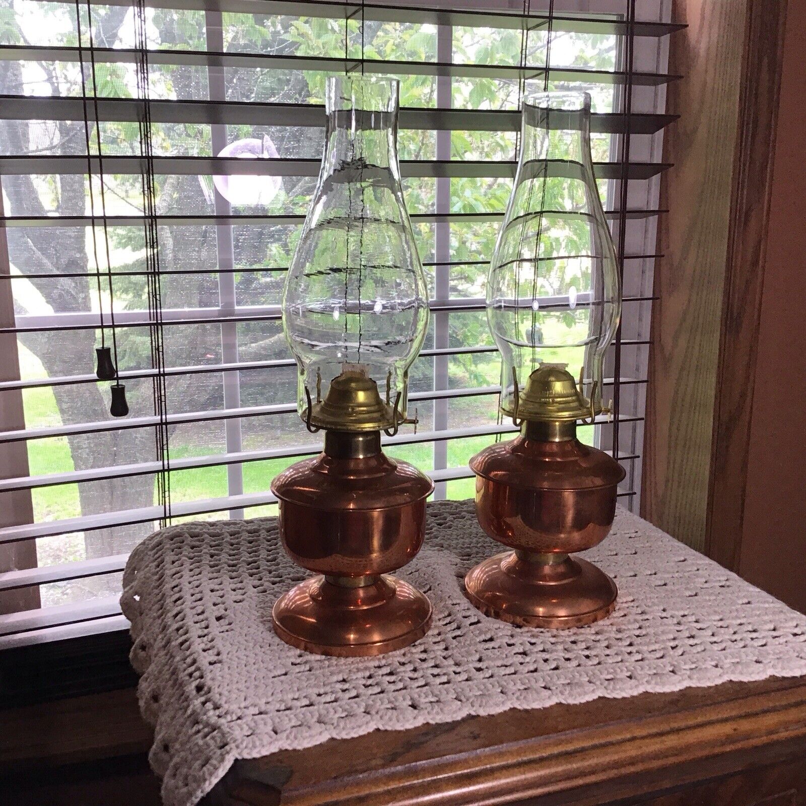 2 Matching Pair Of Vintage Lee Woo 12 3/4” Copper Oil Lamps