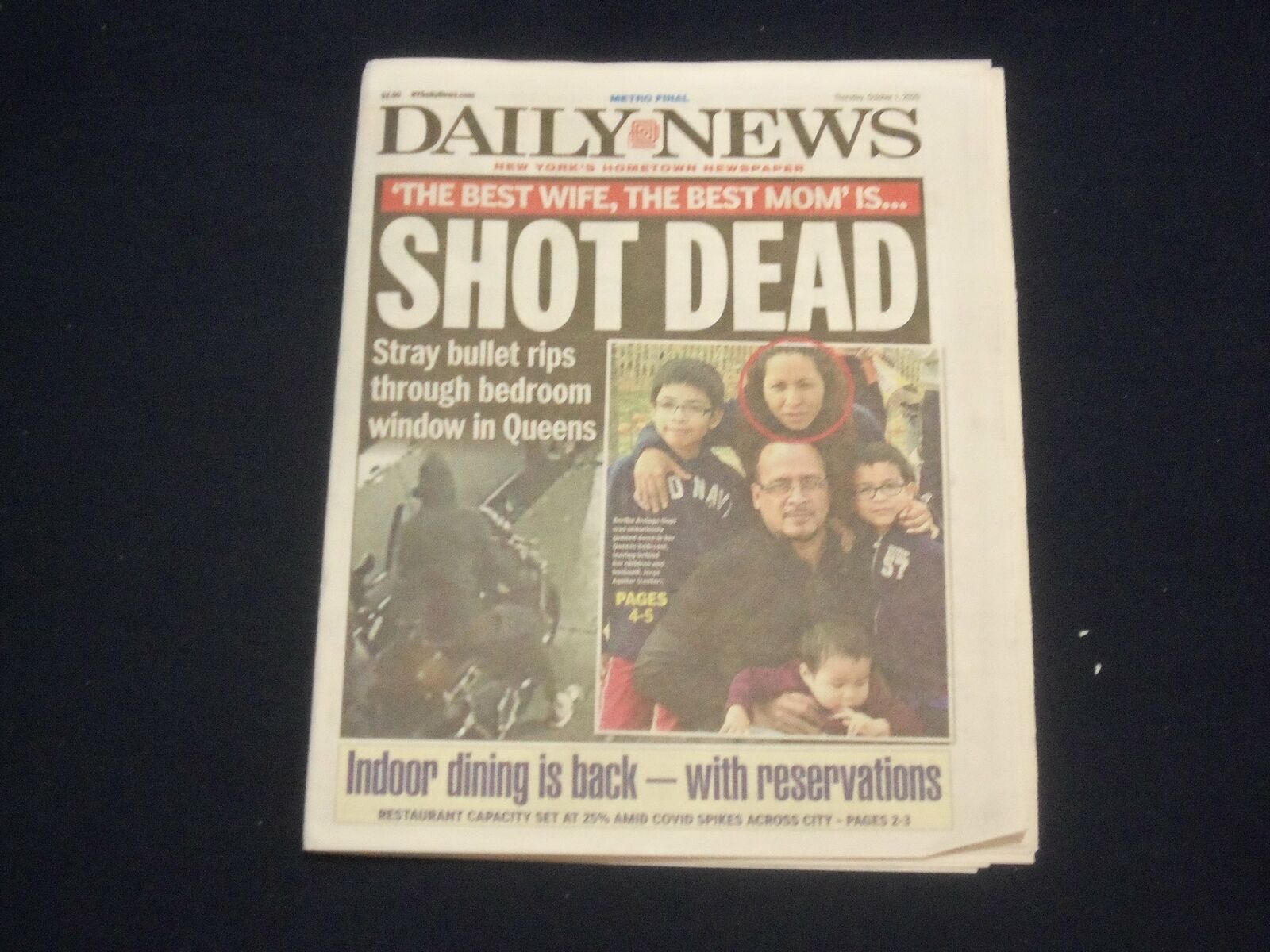 2020 OCTOBER 1 NEW YORK DAILY NEWS NEWSPAPER - STRAY BULLET KILLS QUEENS WOMAN