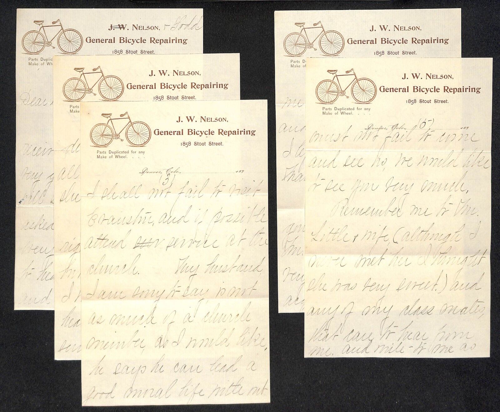 Denver, CO J.W. Nelson 1894 General Bicycle Repairing Letterhead 5pp ALS VGC