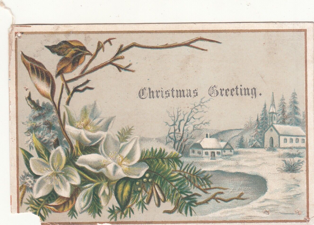 Christmas Greeting Snowy Village White Flowers  Vict Card c1880s