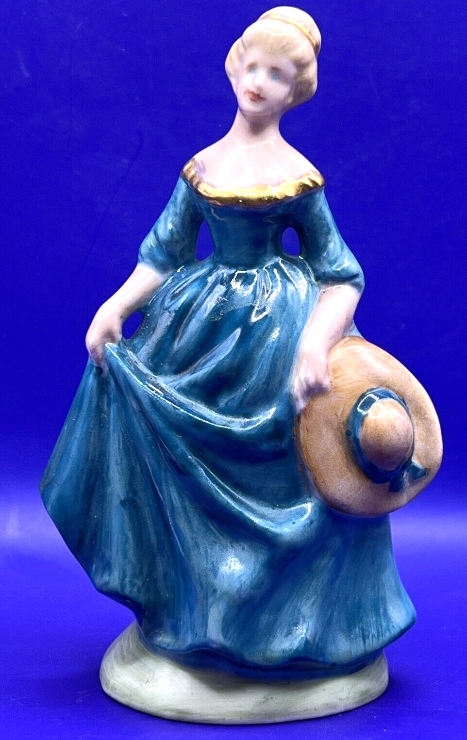 Arnart Creation Lady Holding Hat Courtesy Figurine Blue Dress Original Vintage