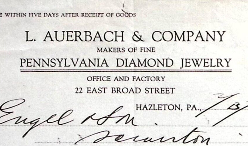 1923 HAZLETON PENNSYLVANIA L AUERBACH & CO DIAMOND JEWELRY BILLHEAD INVOICE Z186