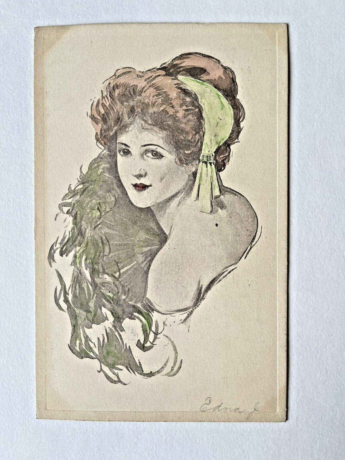 Antique Vintage Postcard Beautiful Dimpled Woman Green Scarf Silver Hand Colored