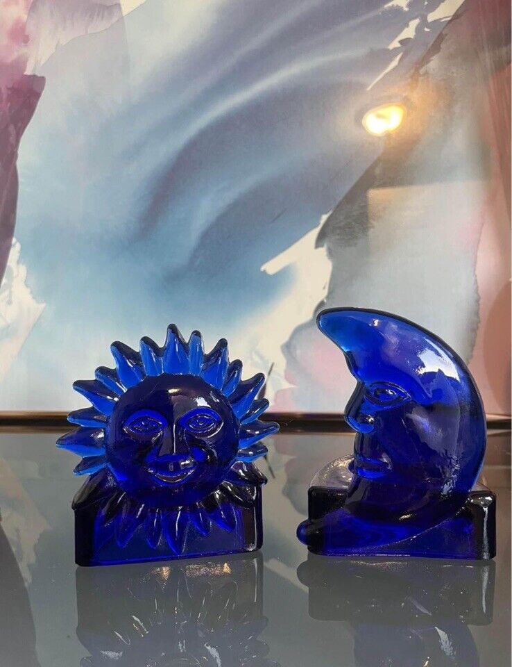 Moon & Celestial Sun Tealight Candle Holder Cobalt Blue Glass