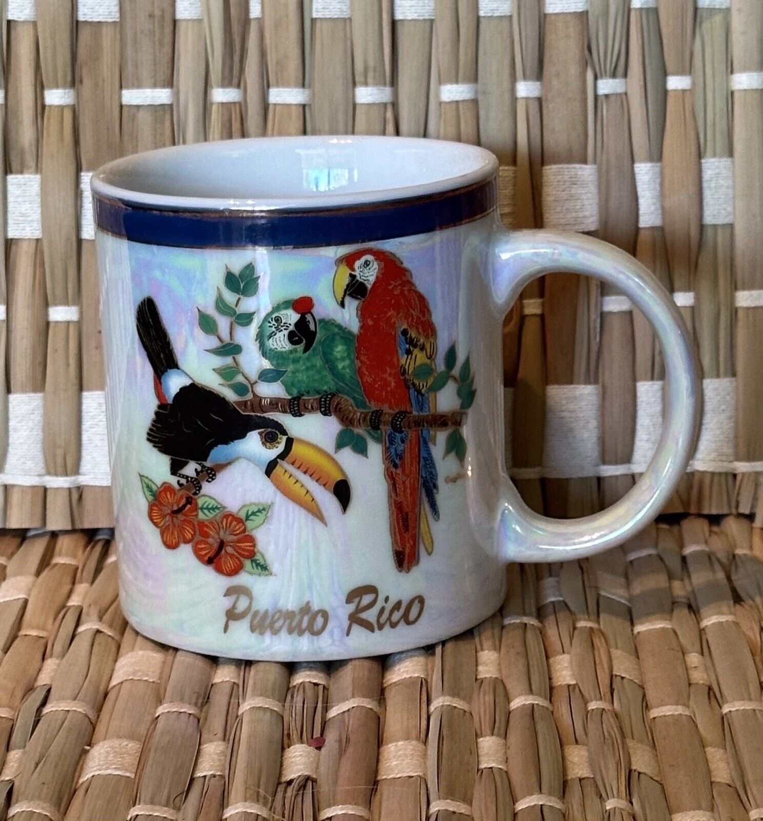 Iridescent Souvenir Mug From Puerto Rico With Parrots Perfect Condition