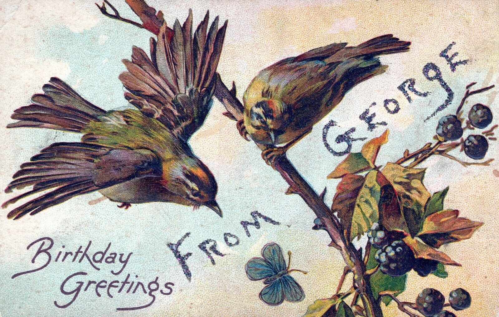 From George Birthday Greetings & Wishes Birds & Berries Embossed Postcard