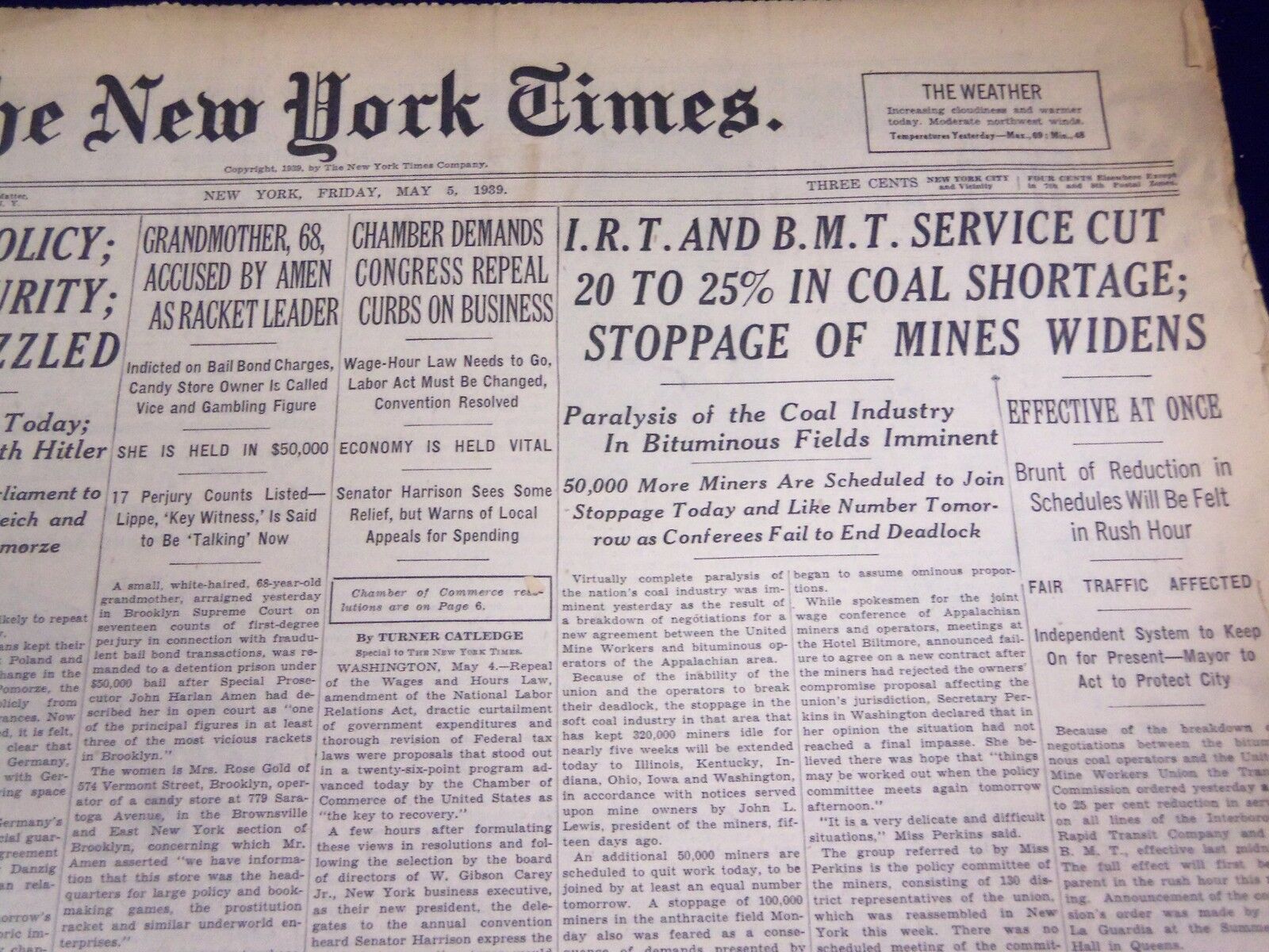 1939 MAY 5 NEW YORK TIMES - I. R. T & B. M. T SERVICE CUT COAL SHORTAGE - NT 587