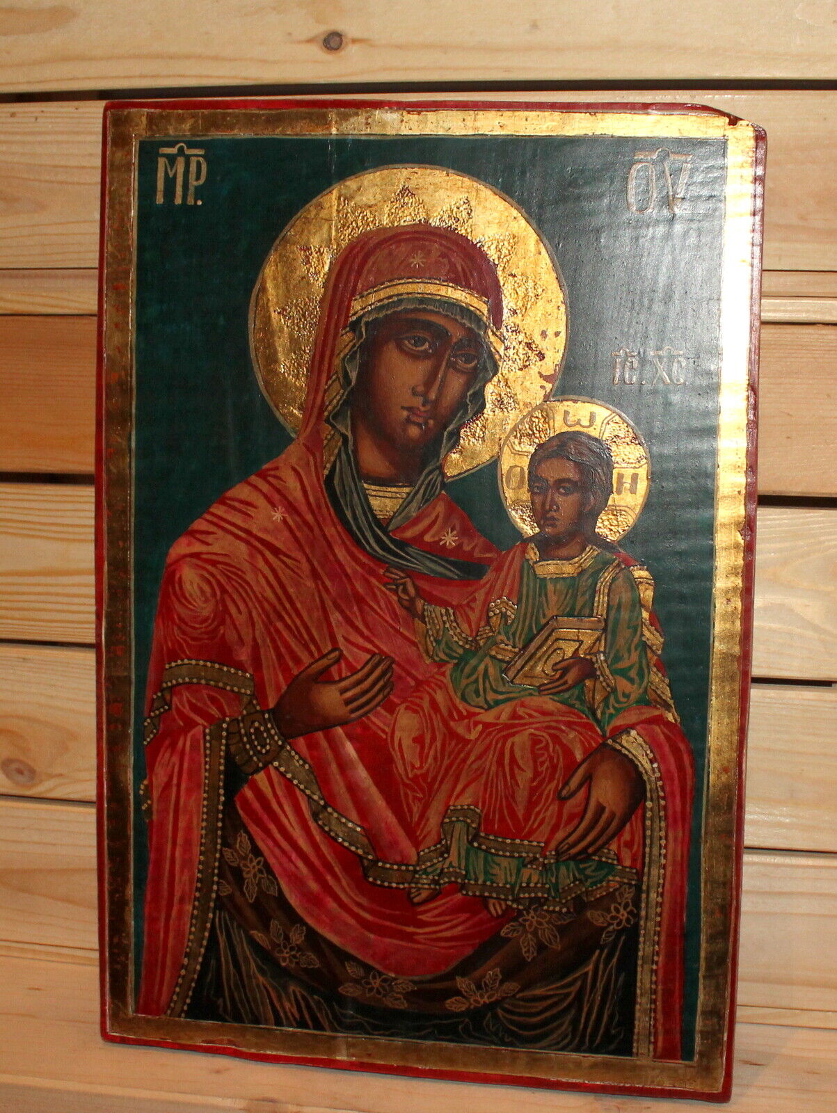 Vintage hand painted Orthodox icon Virgin Mary Christ child