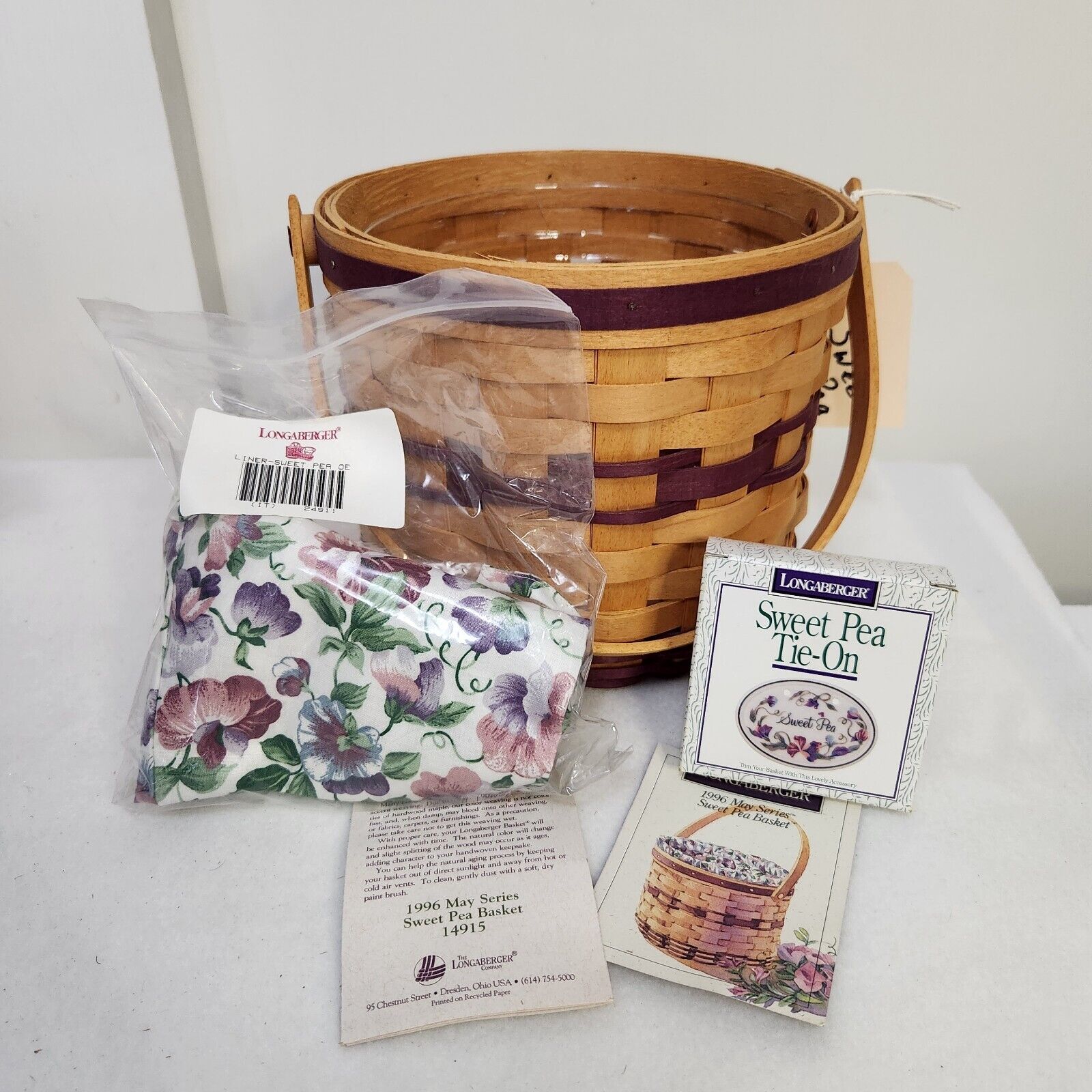 Longaberger 1996 May Series Sweet Pea Basket+Liner+Protector 7th Edition COUNTRY