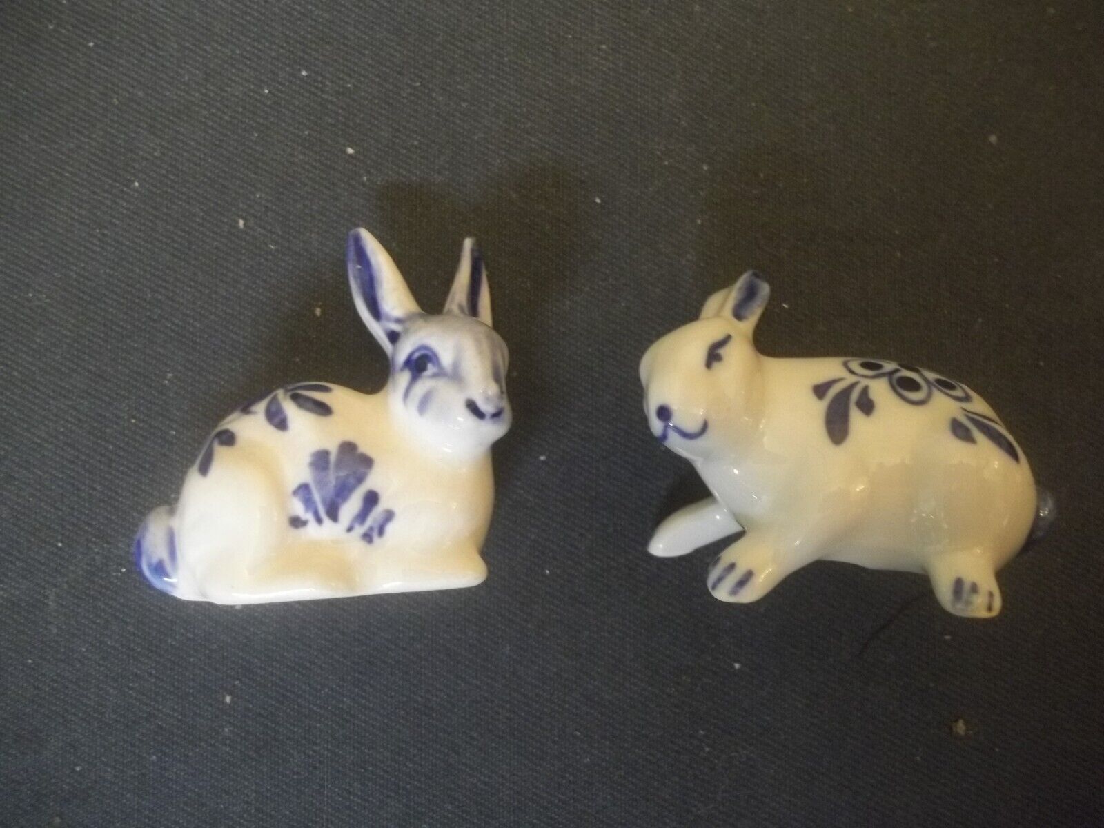Pair Of Vintage Delft Blue White Ceramic Bunny Rabbit Figurines Spring Decor
