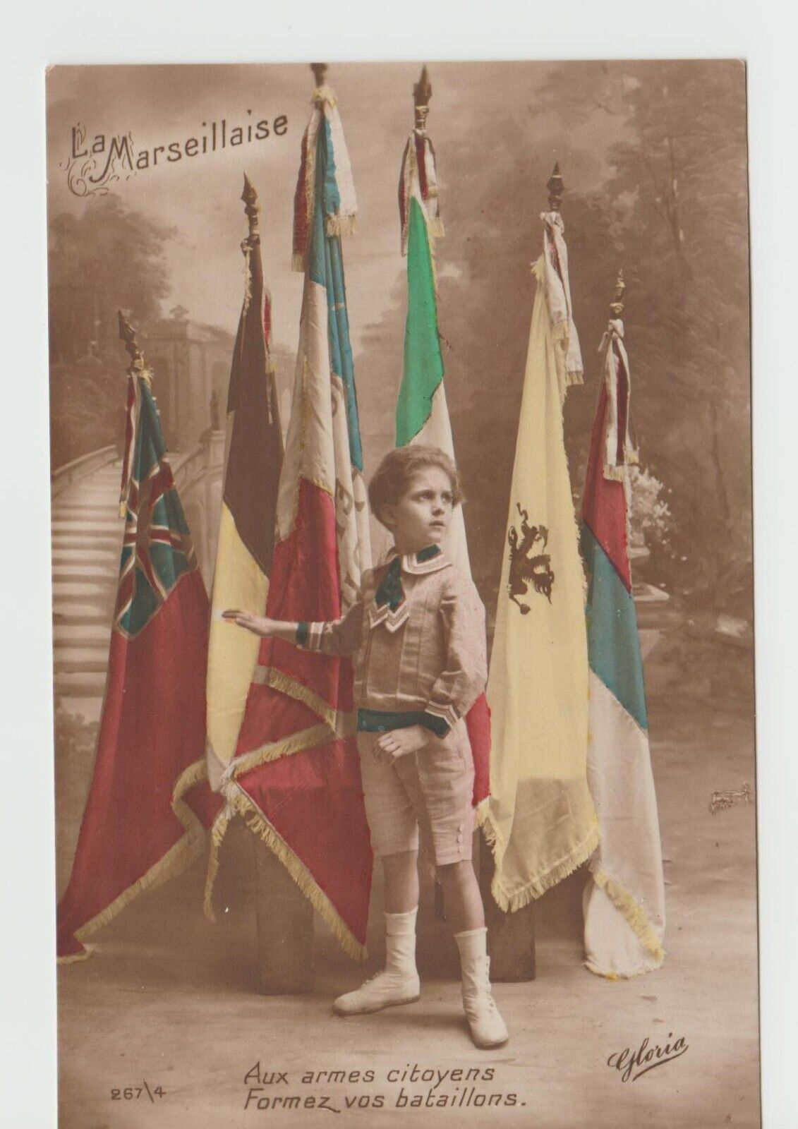 La Marseillaise Patriotic Boy with Flags World War One Postcard