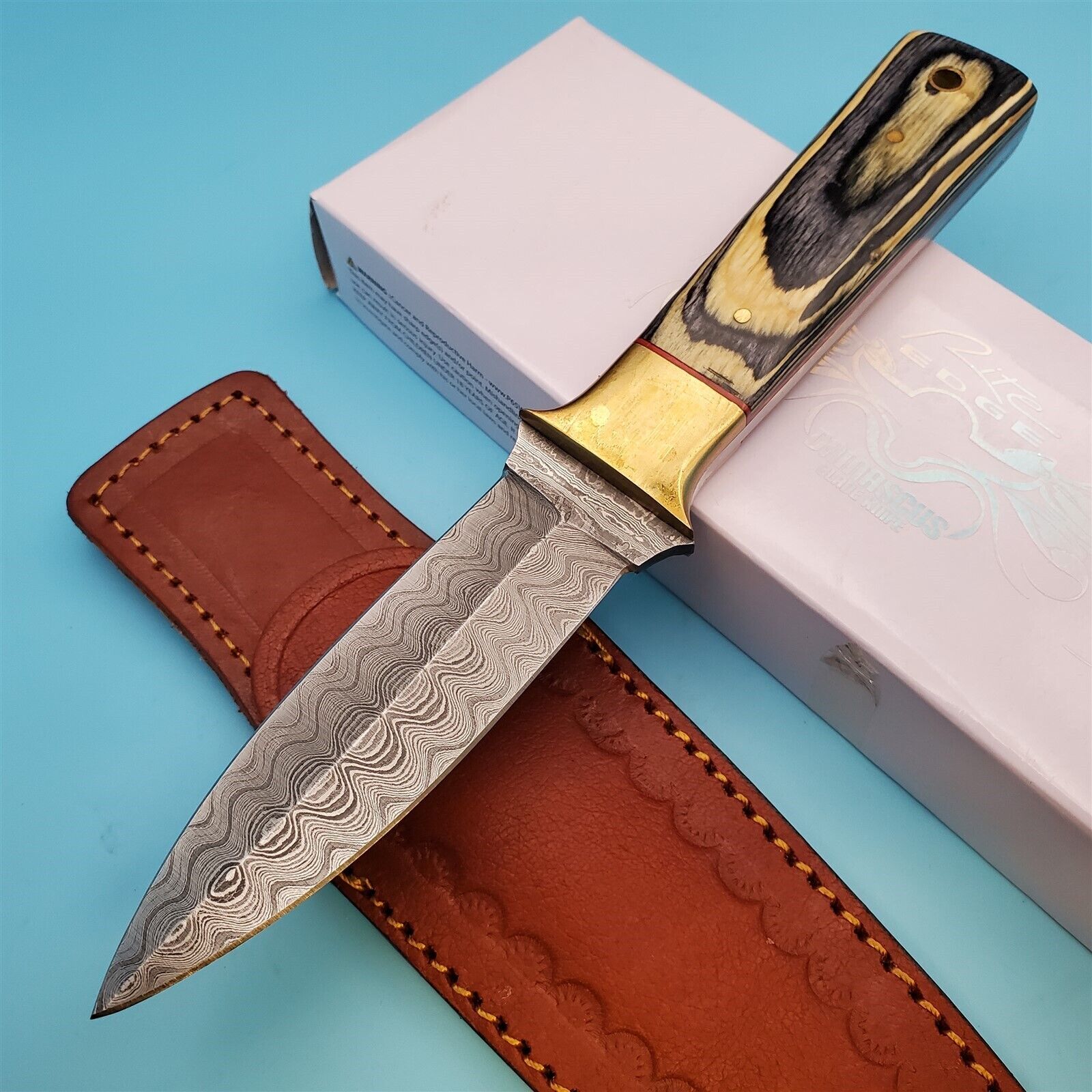 Damascus Steel Knife Fixed Blade Laminated Wood Handle Dagger 8.75 x 4.25 Sheath