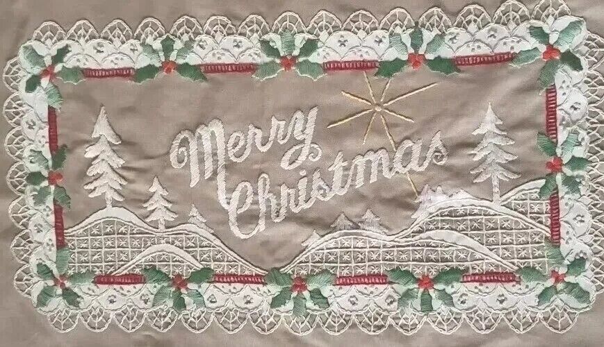 Merry Christmas Wall Hanging fabric Embroidered Tan Holly Handmade Vintage 22\