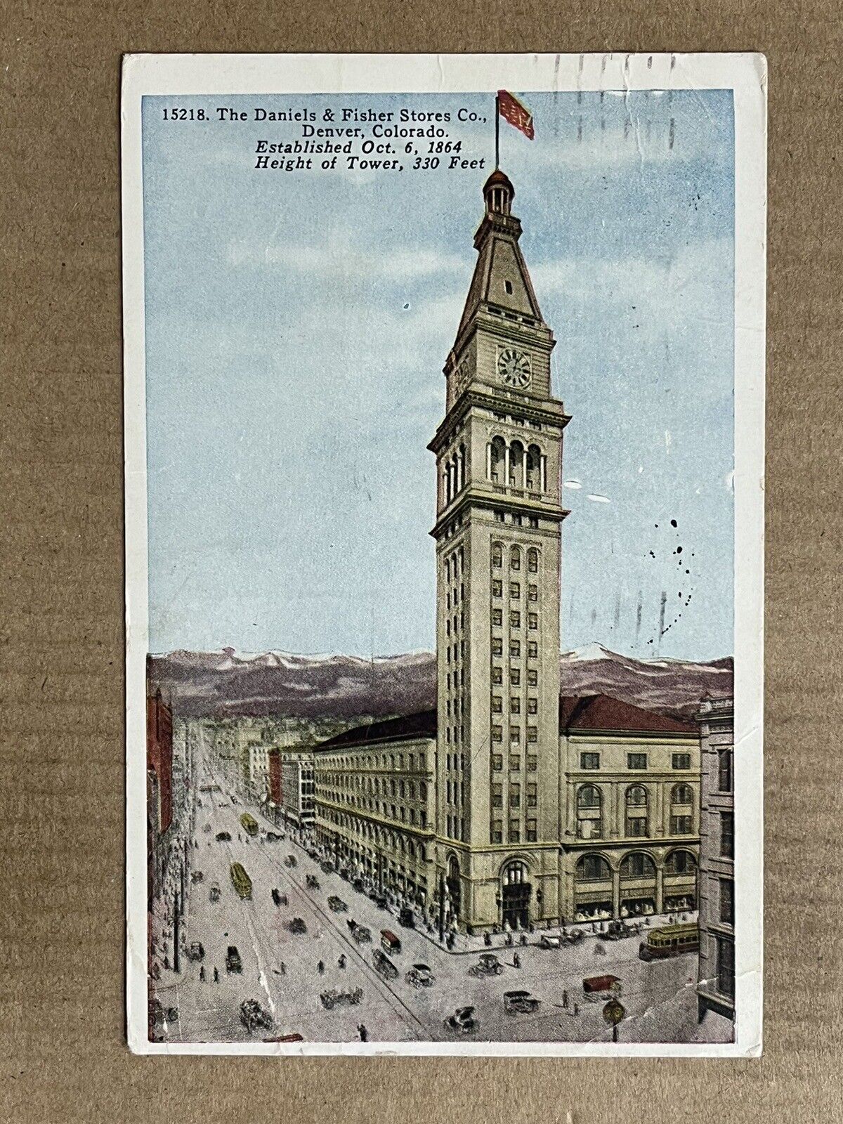 Postcard Denver CO Colorado Daniels & Fisher Building Clock Tower Trolley