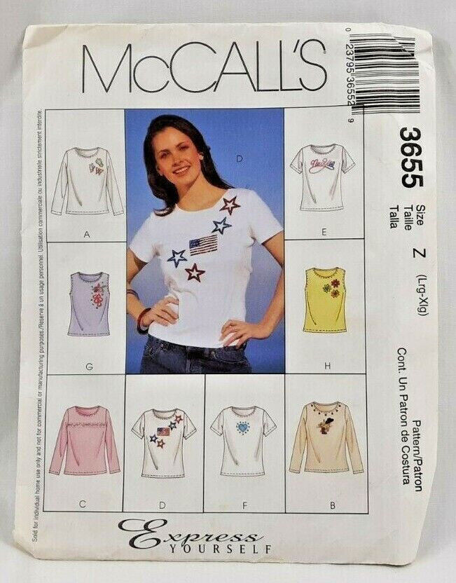2013 McCalls Sewing Pattern 3655 Womens Knit Tops 3 Styles 3 Sleeves 16-22 6349
