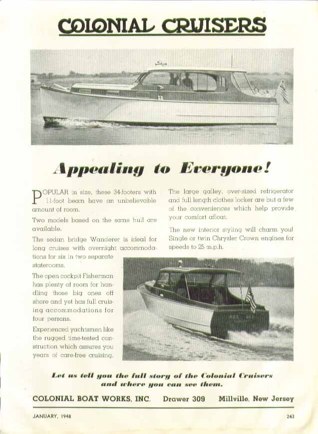 Colonial Cruisers Appealing to Everyone Colonial Boat Works Millville NJ ad 1948