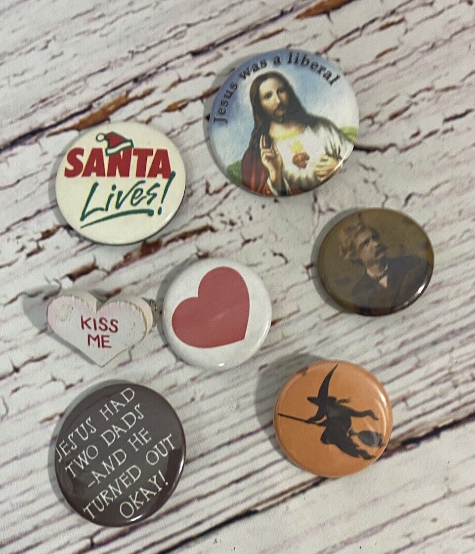 7 Pin Lot: Jesus Was A Liberal Pin, Jesus Had Two Dads Pin, Mark Twain Pin, More