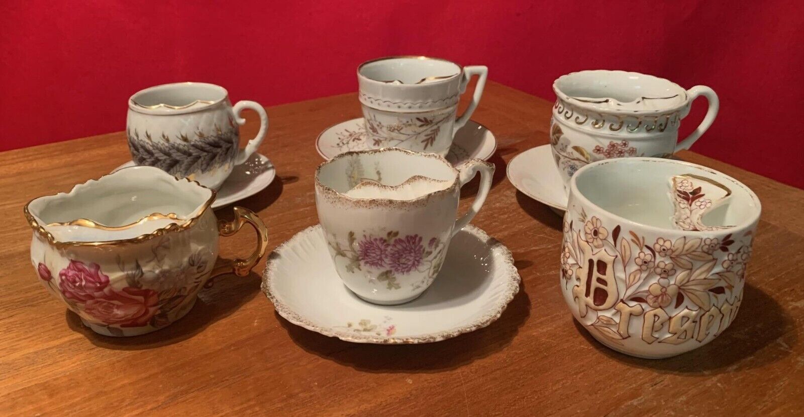Vintage Original Victorian 1890\'s Mustache Tea Cup Mug & Saucers Collection Set