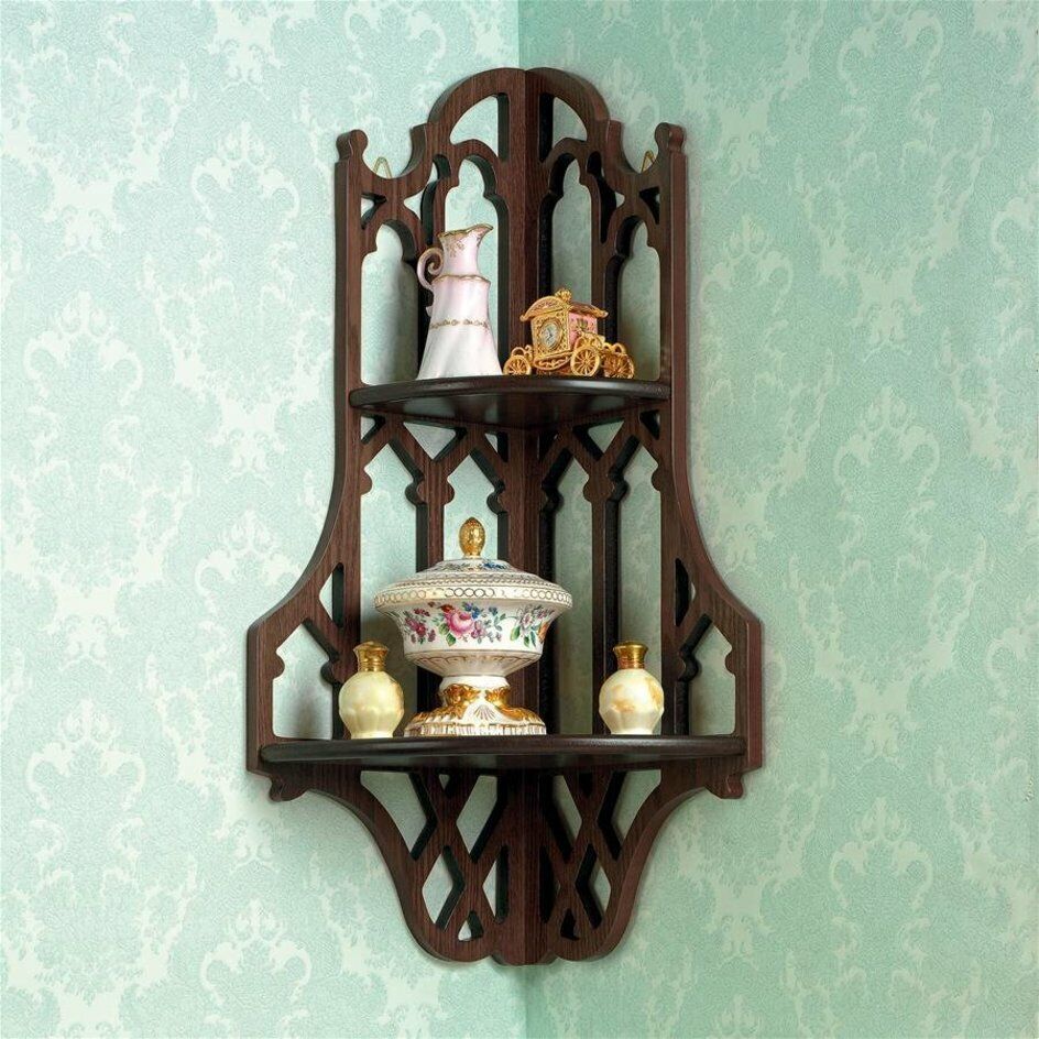 18th Cen Antique Replica Gothic Fretwork European Style Corner Wall Dual Shelf