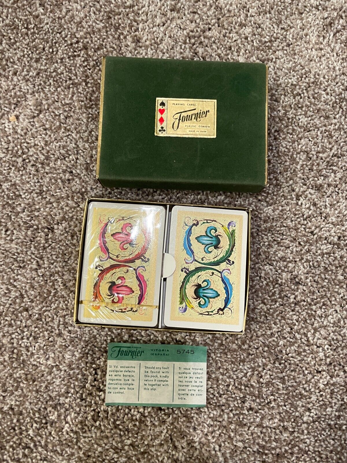 SEALED Vintage Fournier | Spain Plastic Coated | Playing Cards Green Felt Case