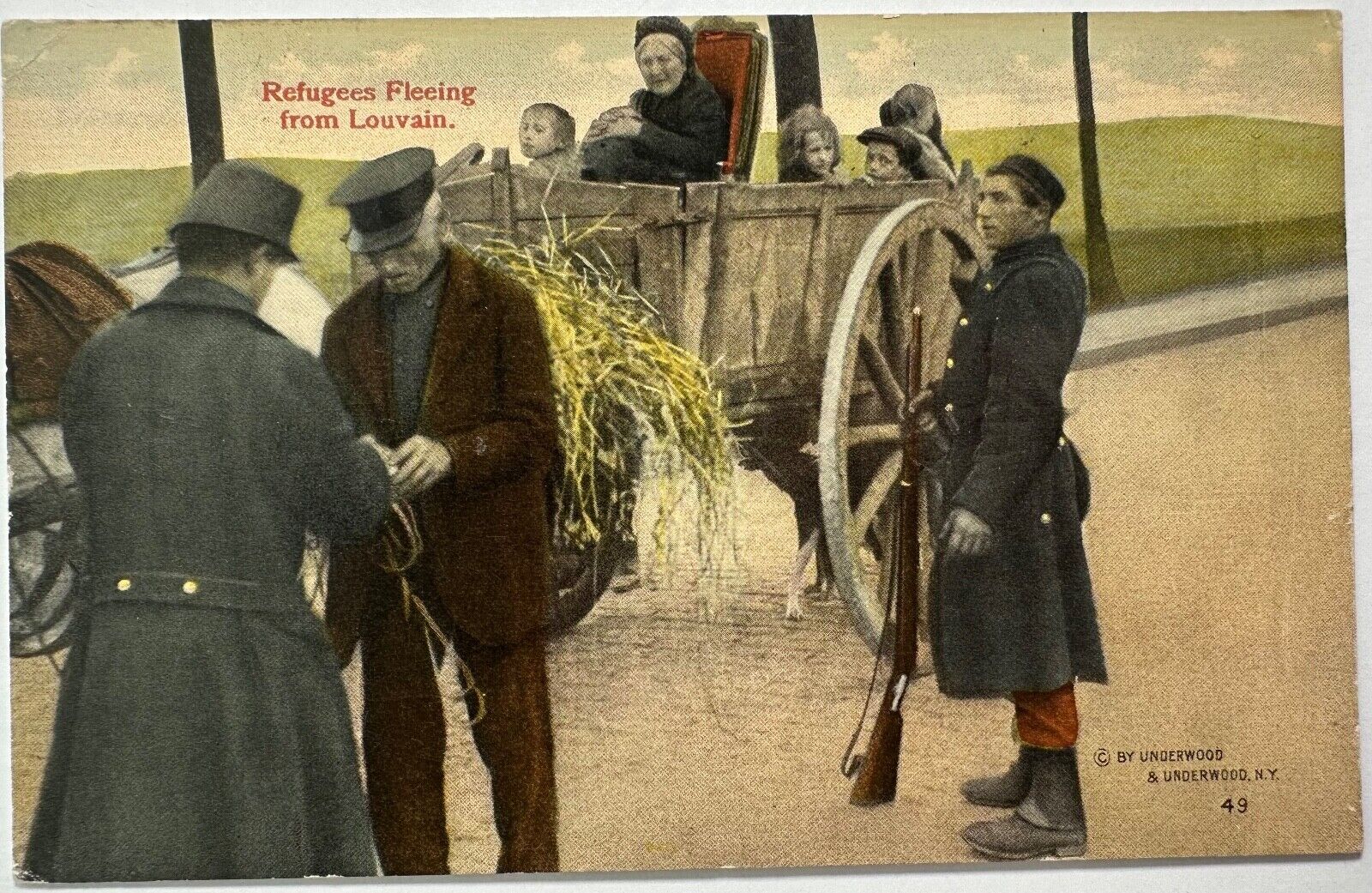 WW1 Belgian War Peasants Refugees Fleeing Louvain Soldiers Postcard