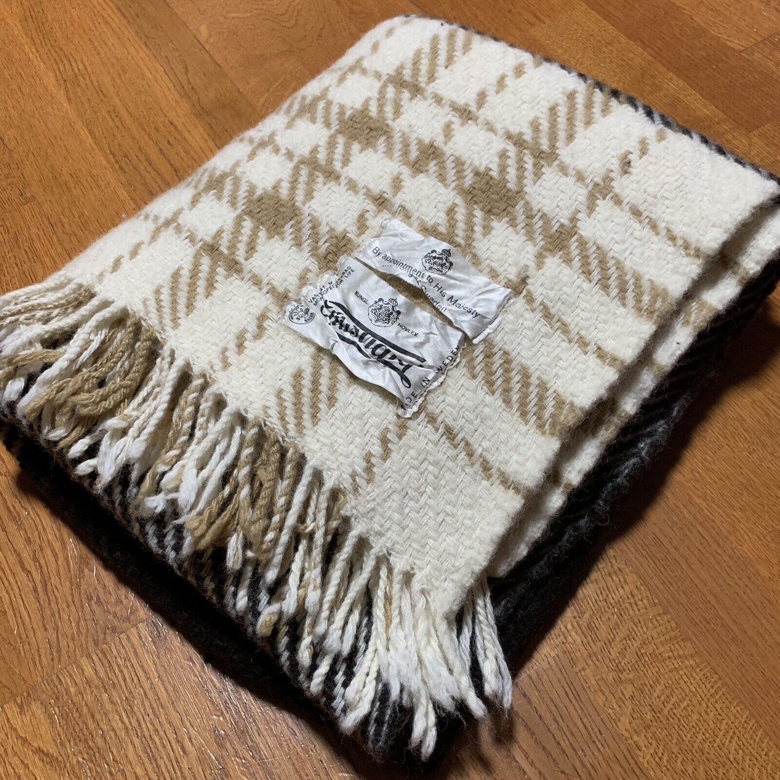 Vintage Swedish Tidstrand Wool Blanket Plaid Tan Brown 62\