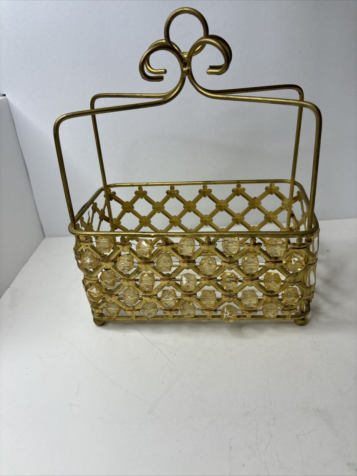 Metal Basket With Beads Bathroom Kitchen Holder Aproximately 7”x4” Mid Century