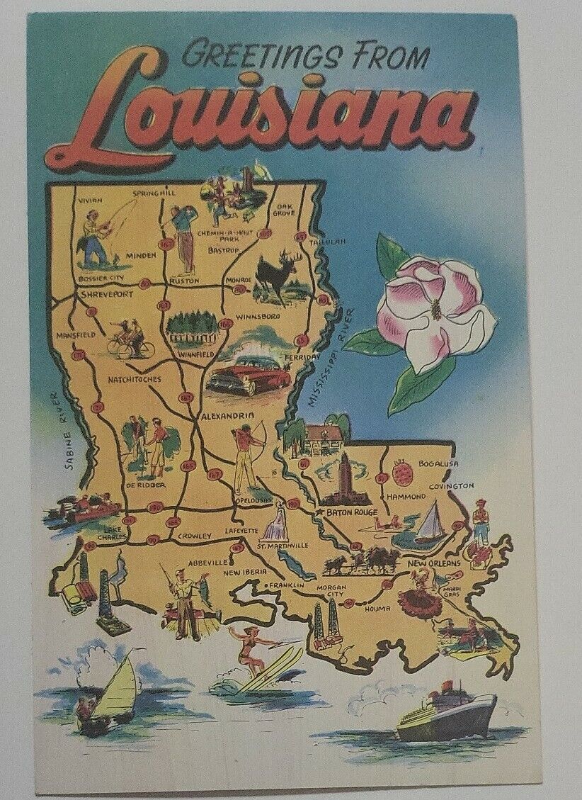 Old Map Postcard Greetings from Louisiana Flower Sailboat Ship Unposted