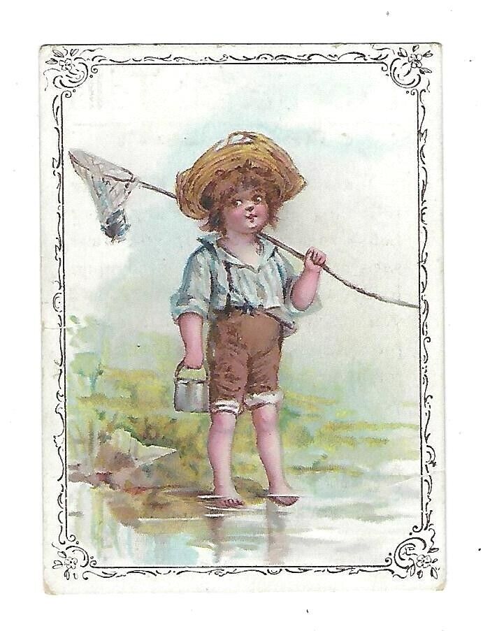 c1887 Trade Card M.D. Wells & Co. Foot-Wear Chicago, Young Boy with Fishing Net