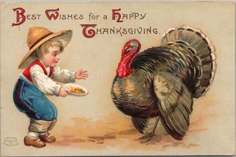 1910s Artist-Signed CLAPSADDLE Embossed Postcard THANKSGIVING Boy Feeding Turkey