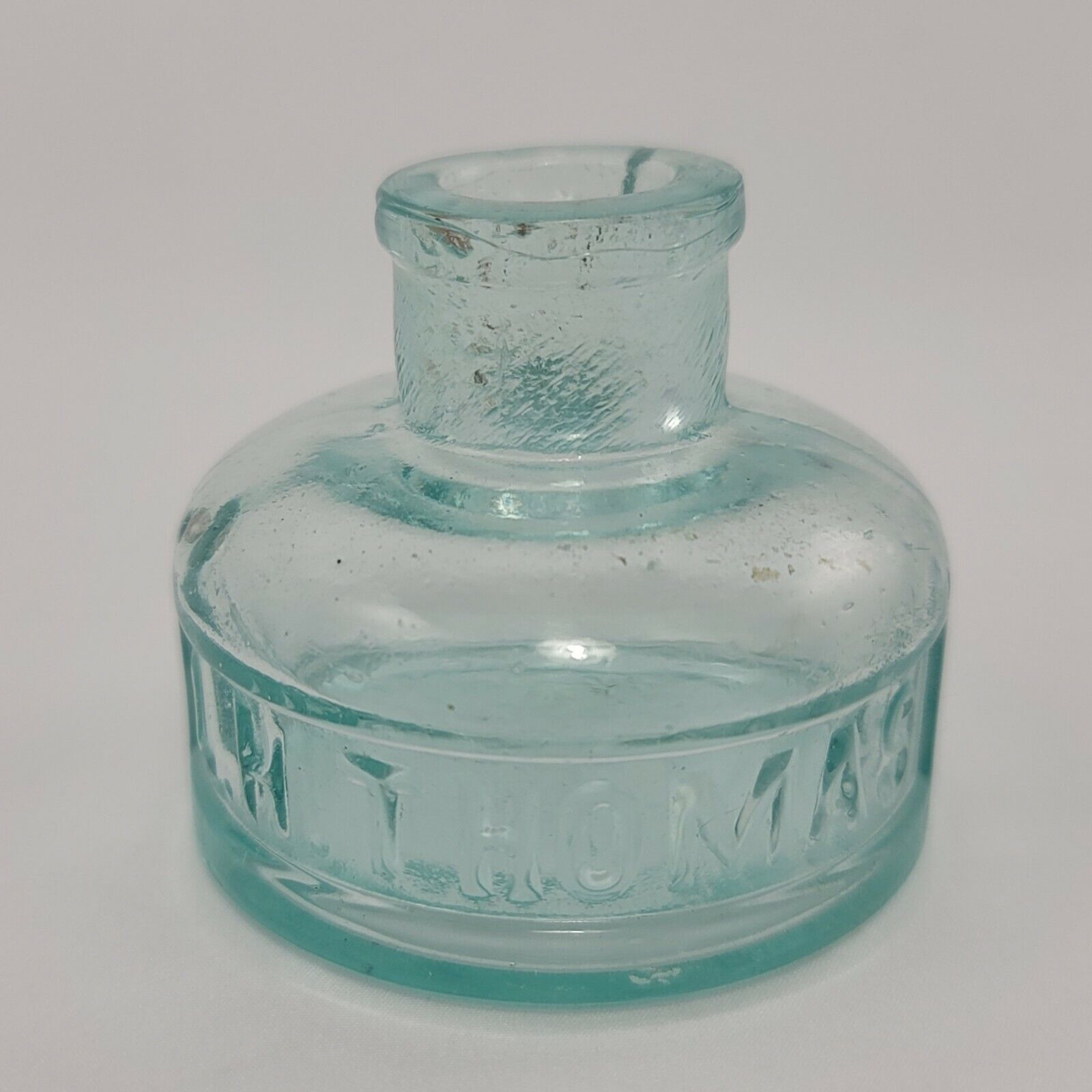 Vintage L.H. Thomas Round Aqua Green Glass Inkwell Bottle