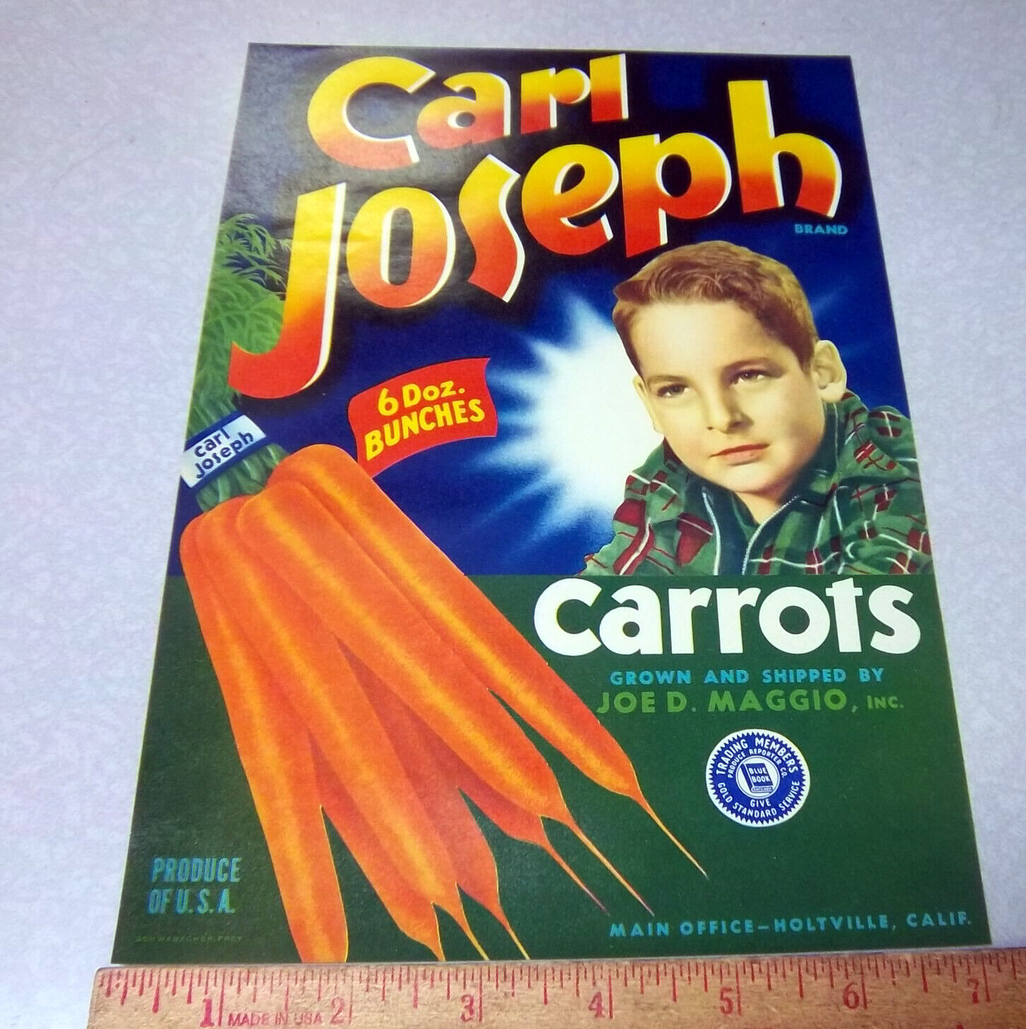Vintage Original Label, 1950s Carl Joseph Carrots veggie crate Label, beautiful