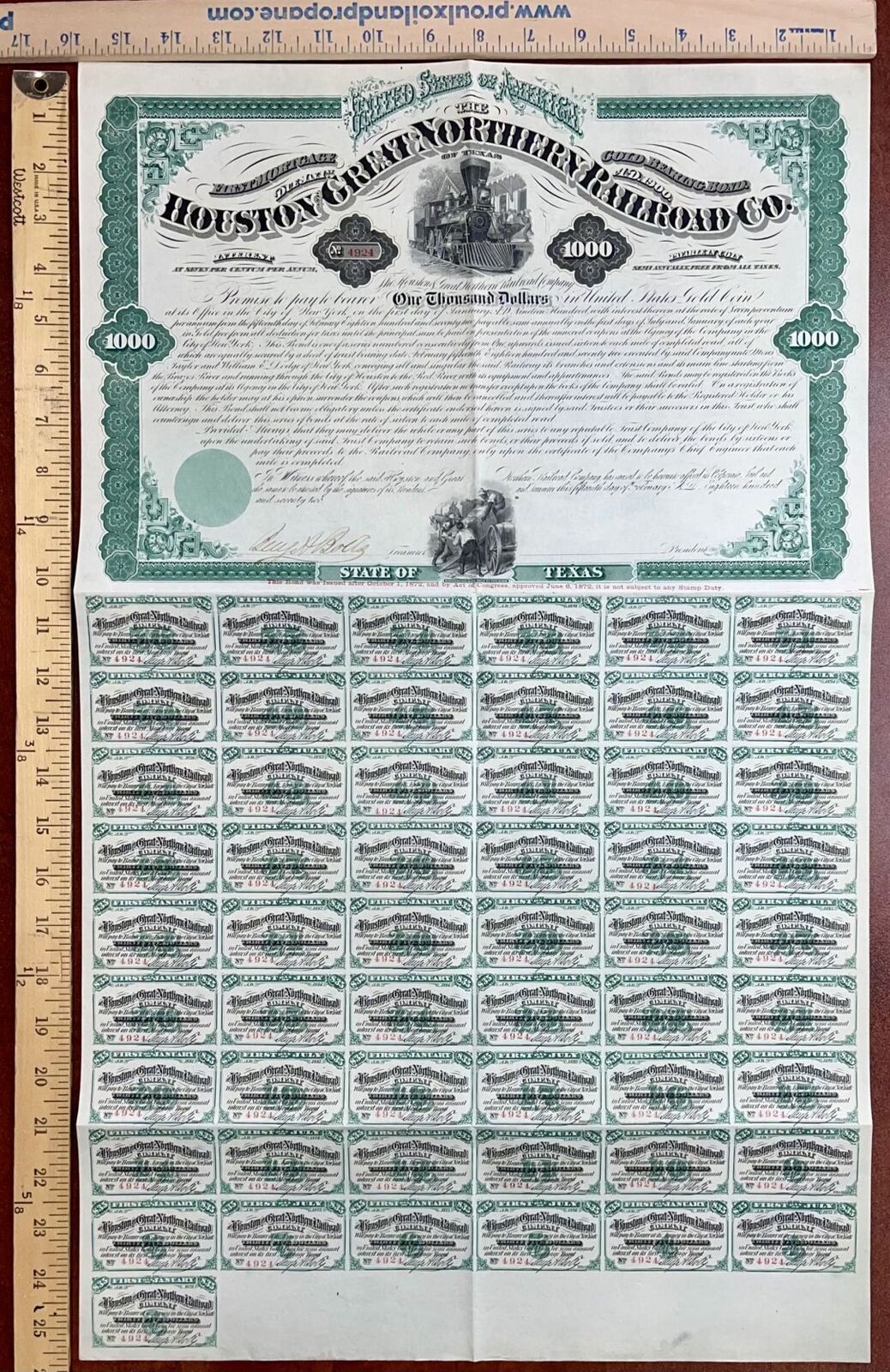Houston and Great Northern Railroad - 1872 dated Partially Issued $1,000 Railway