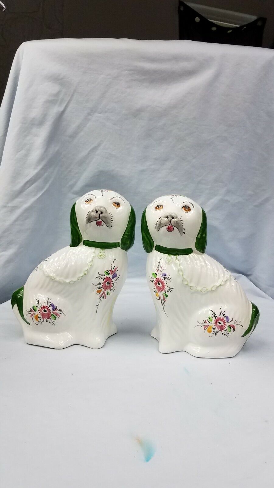 2 Vintage Reel Portugal Pottery Hand Painted  Pekingese Figurines Dogs Floral 