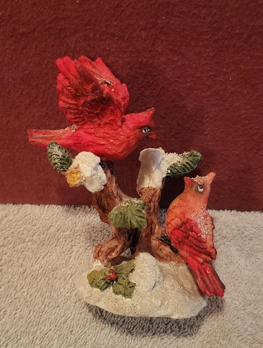 2 Red Cardinals Sitting on a Snowy Tree Branch Figurine 4.5\
