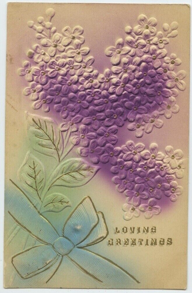 Loving Greeting Gold Highlights Flowers Ribbon 1909 Antique Postcard Embossed