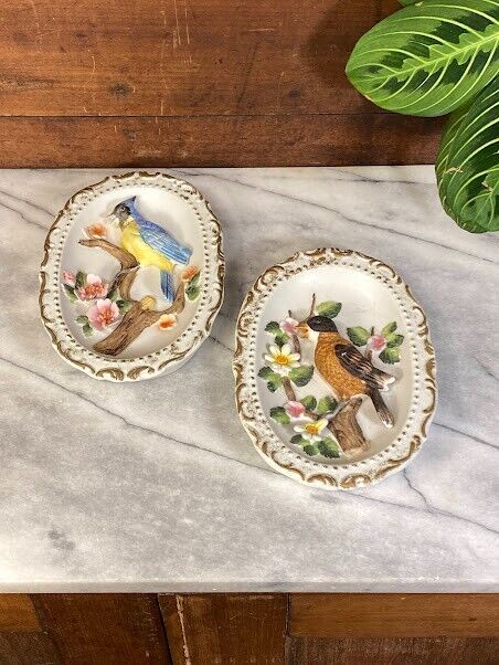 Vintage HOMCO Porcelain Bird Wall Hanging Blue Bird & Robin Set
