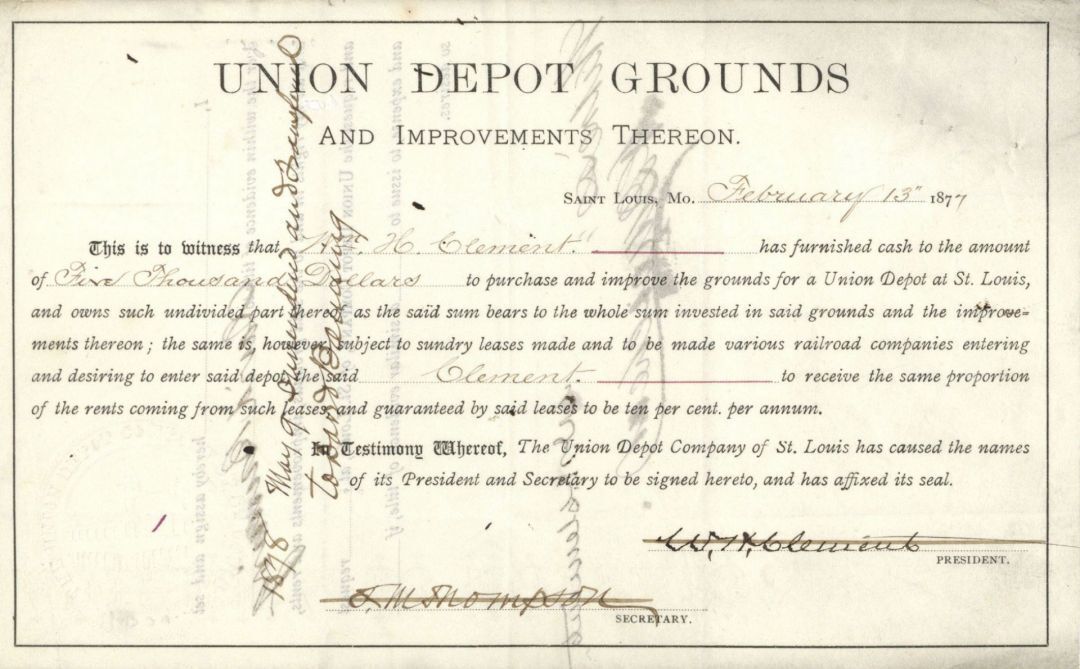 Union Depot Grounds - 1877 $5,000 Bond - Railroad Bonds