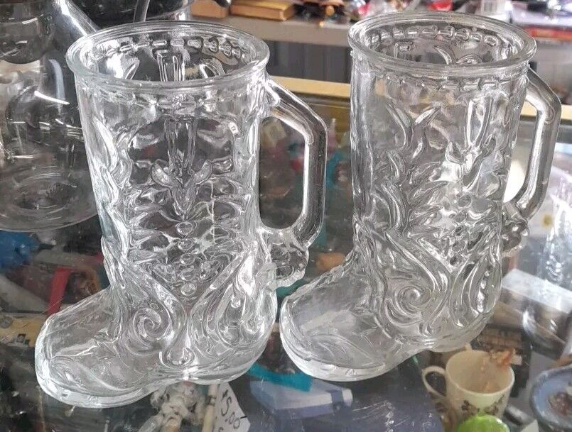 Vintage Libbey of Canada Clear Glass Western Cowboy Boot Mug Glass Lot of 2