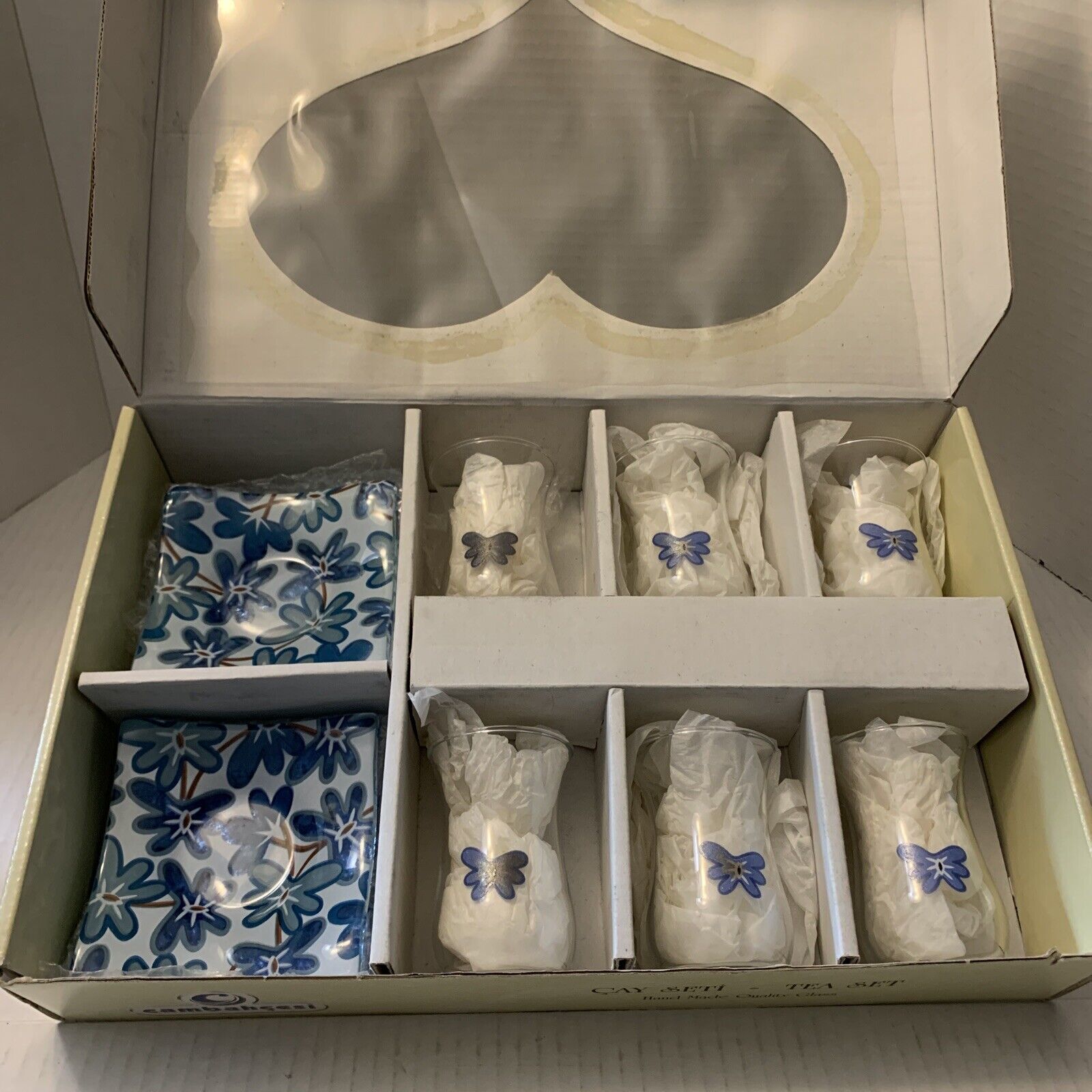 Turkish Tea Set CAY SETI Clear Glass Blue Flowers New Never Used 12 Pc Set