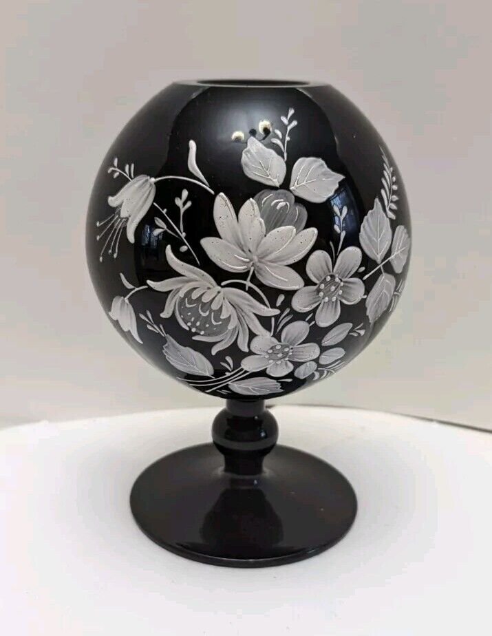 Vintage Black Amethyst Glass Round Ball Pedestal Vase No Markings