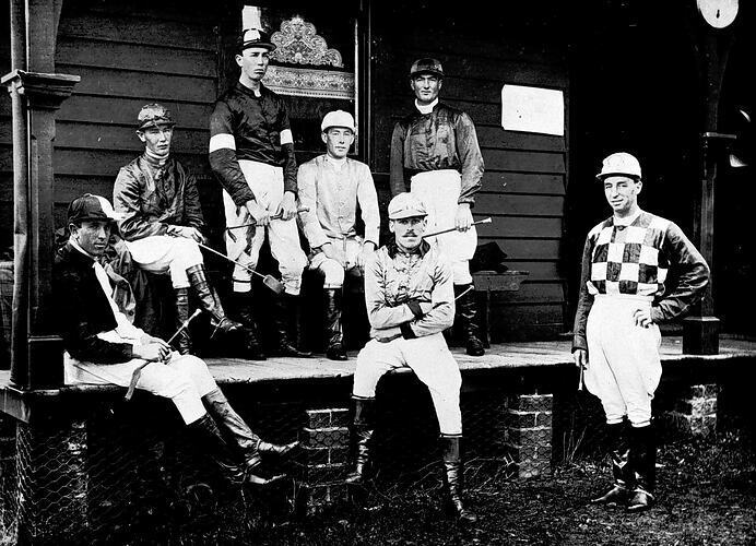 Jockeys at Casterton Racecourse, Victoria, 1914 A group of jockeys ou Old Photo