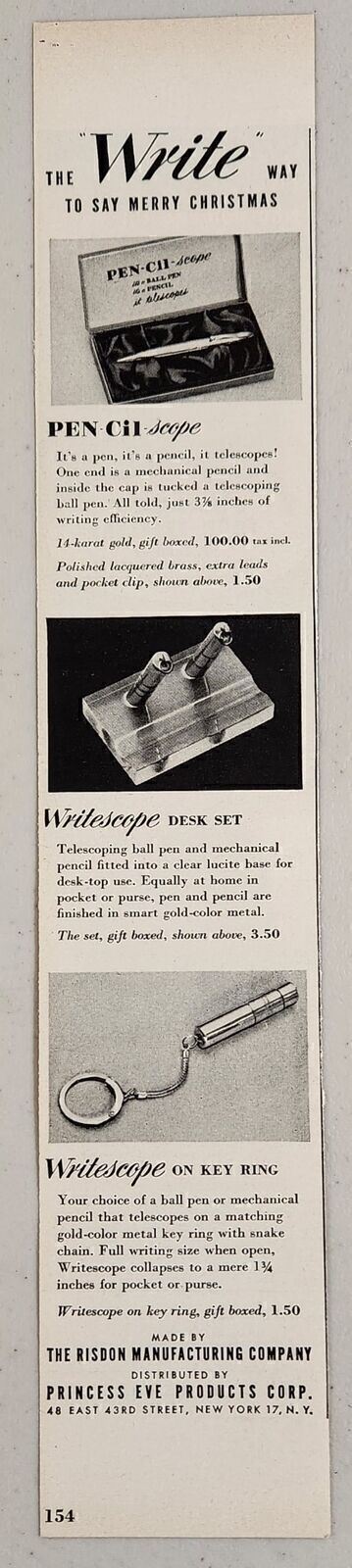 1950 Print Ad Writescope Writing Gift Sets Risdon Manufacturing Co. New York,NY