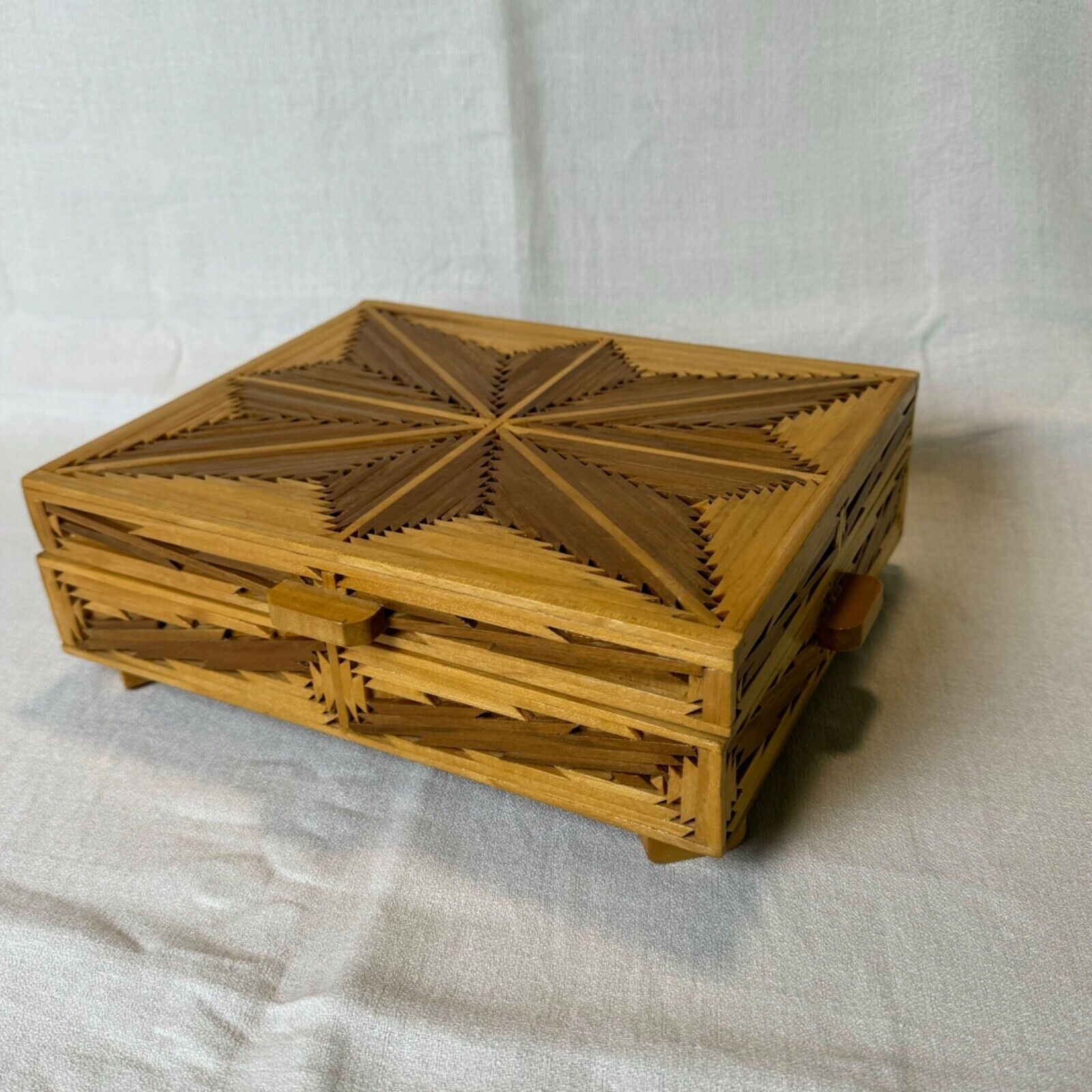 VTG Matchstick Tramp Art Jewelry Box Wood 9.75 x 7.75 x 3.25 Suede Lined