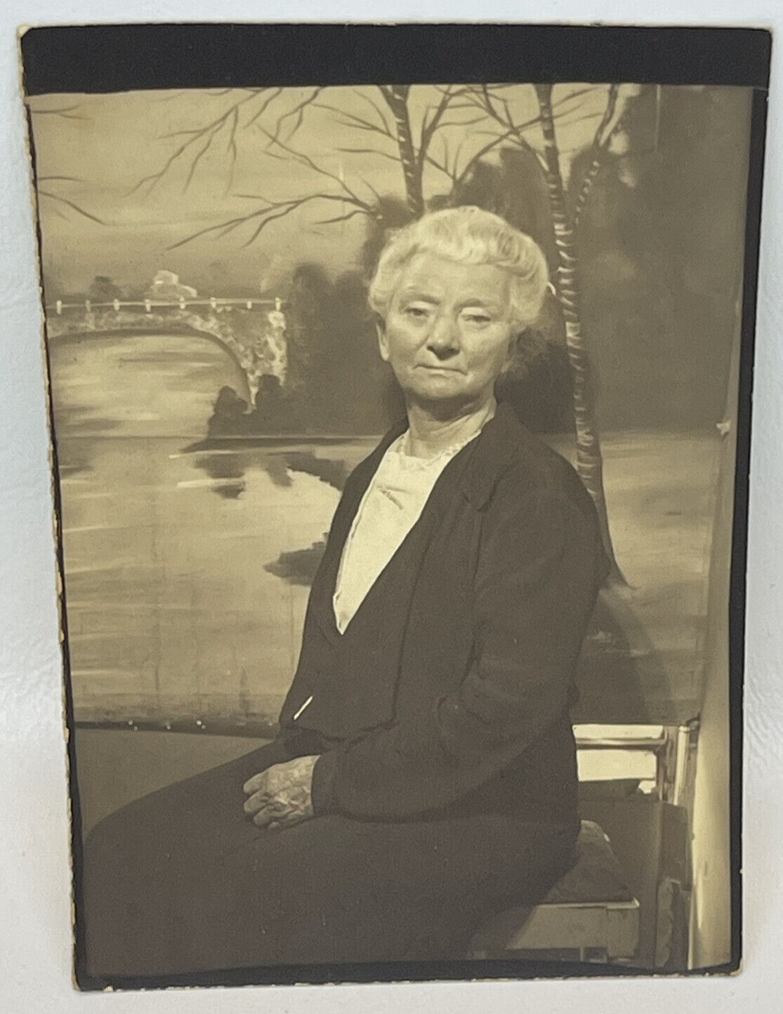 Vtg Studio Pose Photo Gray Haired Granny With Great Posture Painted Backdrop