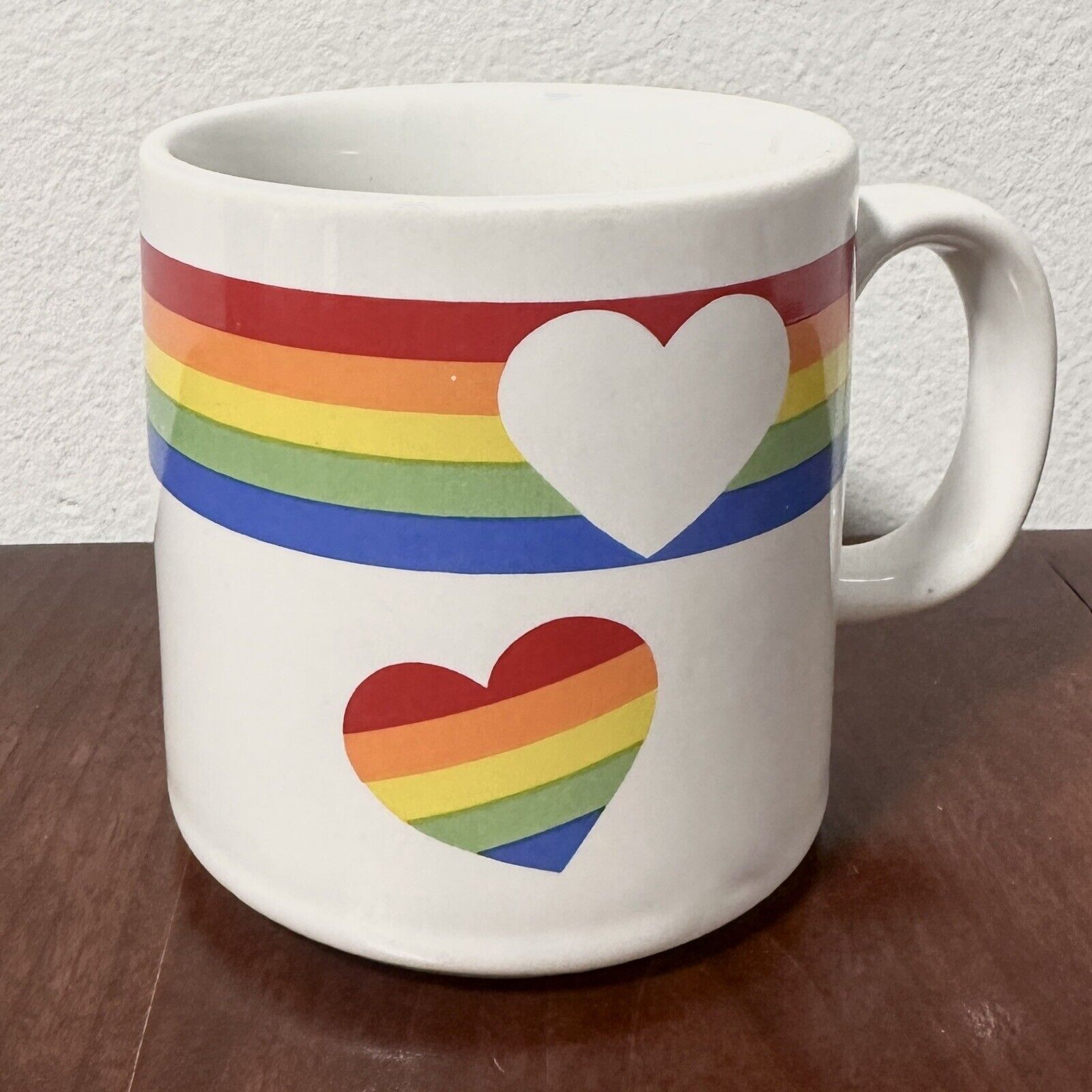Vintage 90s Russ Berrie Rainbow Hearts White Coffee Mug 10 oz Ceramic Cup