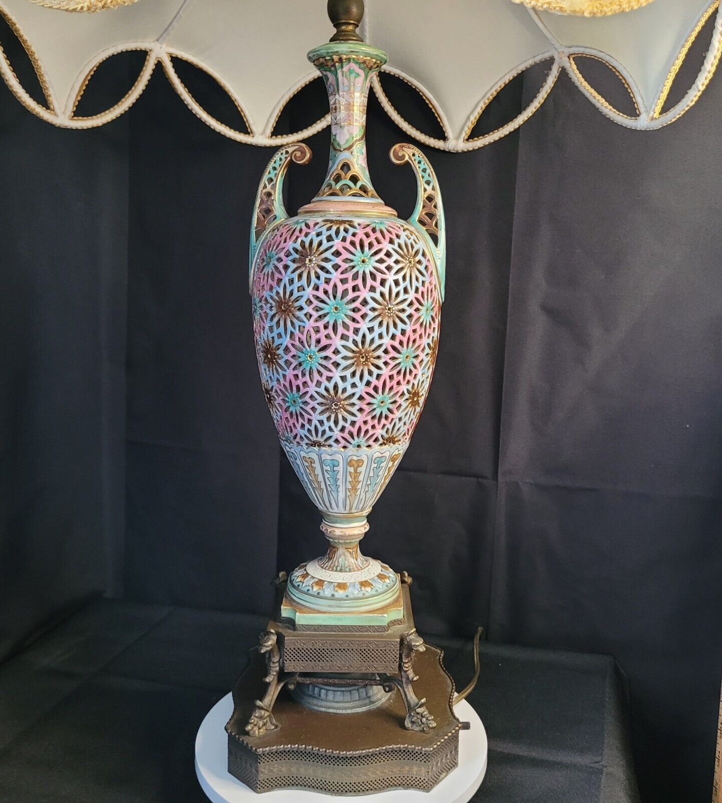 Vintage Campodimonte 50s Pierced Enameled Porcelain Lamp w/ Shade
